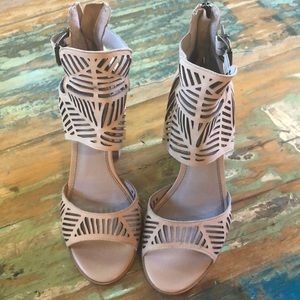 Cutout leather ankle strap heels